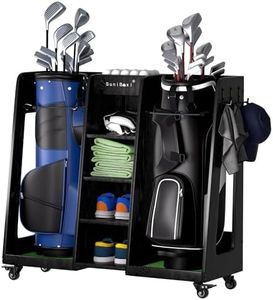 Golf Bag Organizer for 2-Bags Storage - Wooden Golf Bag Stand Rack with Wheels, Heavy Duty Space Saving Golf Club Holder, for Golfers, Husband, Father