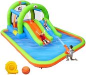 WELLFUNTIME Inflatable Water Park with Blower, and Bouncy House with Double Slide with Water Cannon and Basketball Ring