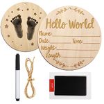 SAVITA Wooden Baby Announcement Sign, 5.9 inch Baby Birth Announcement Sign with Ink Pad Markers Hello World Newborn Sign Baby Nursery Name Sign for Birthday Baby Showers Photo Props