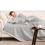 HBselect Wearable Blanket with Sleeves Dual Micro plush Fleece Sherpa Warm Blankets for Adult Women Men,Silver grey + Sherpa,170 × 200 CM