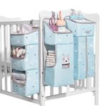 Sunveno Crib Pocket,Anti-Slip Hanging Storage Organizer with 7-Zone for Baby Bed Rails,Hanging Storage Bag with Hook and Velcro Straps,Removable Bed Pocket for Diapers,Clothes,Toys and More（Blue）