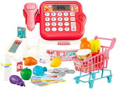 Uandhome 29 Pcs Pretend Play Cash Register Toy Set for Kids with Real Calculator,Scanner Toy,Music,Food,Shopping Cart Learning Toys for Boys & Girls