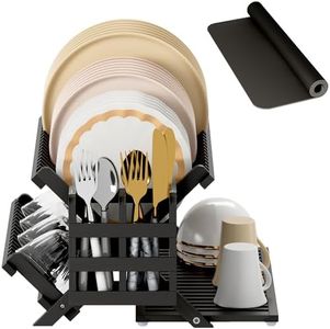 Greenual Black Bamboo Dish Drying Rack with Utensil Holder, 3 Tier Collapsible Dish Rack, Wooden Dish Racks for Kitchen Counter, Large Folding Drying Holder with Absorbent Dish Drying Mat