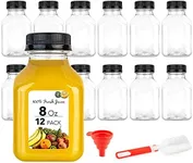 8 oz Juice Bottles with Caps for Juicing (12 pack) - Reusable Clear Empty Plastic Bottles - 8 Oz Drink Containers for Mini Fridge, Juicer Shots - Mini Water Bottles - Includes Labels, Brush & Funnel