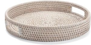 34cm Rattan Round Serving Tray, Hand Woven Serving Basket with Cut - Out Handles, Wicker Fruit/Bread Serving Basket by YANGQIHOME, Whitewash