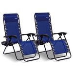 SereneLife Zero Gravity Reclining Chair, Tanning Chair, Patio Chair, Adjustable Beach Chair, Set of 2 Lawn Chairs w/Cup Holder Side Tables, Padded Removable Headrest Pillows