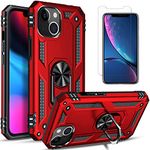 STARSHOP for - iPhone 14 Case, [Not Fit iPhone 14 Pro/Pro Max] W/ [Tempered Glass Screen Protector Included] Military Grade 12 ft Shockproof Metal Ring Kickstand Drop Protection Phone Cover -Red