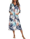 Women Robes Zipper Front 3/4 Sleeve Long Nightgown with Pockets Loungewear (Gray Floral,M)