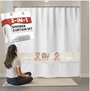 JWVJ Shower Curtain Splash Guard | Guaranteed Splash-Proof Protection | White Curtain & Hooks | Double-Layered Cute Design for Toddlers & Kids, Bathtub Water Barrier, 72x72