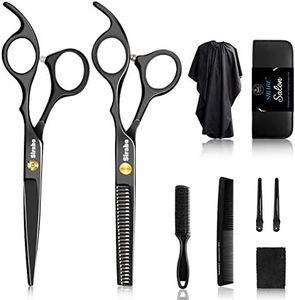 Sirabe 10 PCS Hair Cutting Scissors Set, Professional Haircut Scissors Kit with Cutting Scissors,Thinning Scissors, Comb,Cape, Clips, Black Hairdressing Shears Set for Barber, Salon, Home