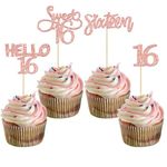 Gyufise 24Pcs Rose Gold Glitter 16th Birthday Cupcake Toppers Sweet 16 Cake Toppers Hello 16 Sixteen Cupcake Picks for 16th Birthday Cake Decorations Supplies