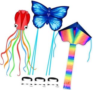 Sixmkai 3 Pack Kites-Rainbow Delta Kite, Red Mollusc Octopus Kite, Blue Butterfly Kite Easy to Fly Beach Kites for Kids & Adults, Each Kite with 320ft String Handle