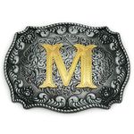 Western Belt Buckle Initial Letters ABCDEFG to Y-Cowboy Rodeo Silver Large Belt Buckle for Men and Women (M)