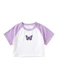 Romwe Girl's Colorblock Short Sleeve Butterfly Print Round Neck Crop Top Tee T Shirt