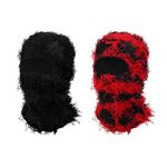 FuninCrea 2 Pack Distressed Balaclava Ski Mask, Knitted Balaclava Full Face Mask for Men Women, Windproof Fuzzy Ski Mask Warmer Ski Mask Beanie for Cold Weather (Black+red)