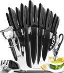 17 pcs Kitchen Knife Set with Acrylic Knife Block Set - Professional Stainless Steel Kitchen Knives Set - Chef Knife Set with 6 Steak Knives Set, Cheese & Pizza Knives, Sharpener, Peeler, Scissors