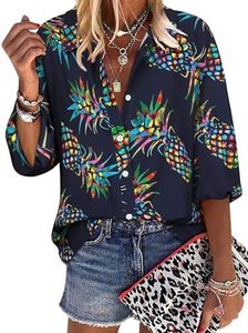 ZXZY Women Pineapple Printed Tropical Shirts Lapel Collar Half Sleeves Buttons Down Blouse Hawaiian Tops