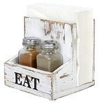 MyGift White Washed Solid Wood Napkin and Salt and Pepper Shaker Holder, Condiment Caddy with 2 Compartments and Bold Black Printed EAT Design