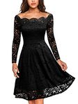 MISSMAY Women's Vintage Floral Lace Long Sleeve Boat Neck Cocktail Formal Swing Dress