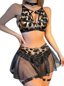 Lilosy Sexy Fishnet Stocking Chocker Strappy Underwire O Ring Skirt Women Lingerie Set 5 Piece, Leopard, XX-Large