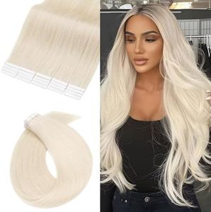 60cm Extensiones adhesivas de Cabello Humano 100% Remy Hair (2.5g*40pcs) Tape in Hair Reutilizable-100g, #70 Blanqueador Blanco
