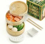 Prime Home Direct Bamboo Steamer Basket 10-inch | 2-Tier Steamer for Cooking | 50 Liners, Chopsticks & Sauce Dish | Dumpling Steamer, Food Steamer Baskets for Cooking - Rice & Vegetable Steamer Pot