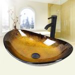 ARTETHYS Bathroom Sink, Countertop Wash Basin, Glass Vessel Washing Bowl Set with Tap, Cabinet Counter Top Sink with Faucet Pop-up Drain and Water Pipe for Vanity Cabinet Cloakroom, Oval Gold