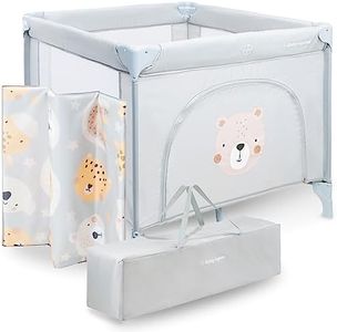 Moby-System Parc Bébé avec Matelas et Sac de Transport - Lit Parapluie Pliable, Roues Verrouillables, Cadre Stable - Motif Ours en Peluche - 97 x 100 x 77 cm (3 Articles)