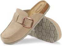 KIDMI Genuine Suede Clogs for Women Cork Footbed Leather Mules Slip On with Comfort Memory Foam and Adjustable Buckle, Taupe 40