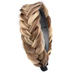 GLEDOLA Wide Messy Braided Headband with Teeth Synthetic Hair Plaited Headband High Elasticity Braids Chunky Fishtail Braided Hair Band Hairpiece for Girls Women (Highlighted Warm Brown)