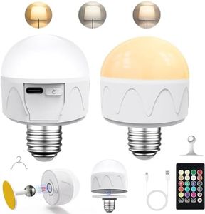 USB C Rechargeable Light Bulb with Remote Control, 2Pcs 4W Battery Powered Light Bulbs E27 Colorful Dimmable LED Bulb, Outdoor Camping Emergency Light Bulb with Detachable Lamp Holder