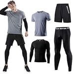 Holure Men's (Pack of 4) Athletic Shirt Compression Pants Shorts Gym Suits Gray M