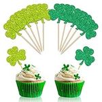 Whaline 48Pcs St Patrick's Day Cupcake Topper with Sticks Glue Point Glittery Shamrock Cupcake Picks Shamrock Toothpick Flags for St Patrick's Day Party Irish Holiday Supplies Cake Decorations