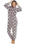 Camille Women's Super Soft Fleece Onesie- Hooded Heart Print All in One - Long Sleeved and Side Pockets Multicoloured Heart Print 10-12