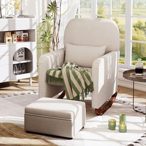 ALPHA HOME Rocking Chair, Glider Chair for Nursery with Lumbar Pillow, Rocker Armchair with Solid Wood Legs, Glider Rocker with Storage Foot Rest for Indoor Living Room, Baby Room, Bedroom(Beige)