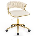 COSTWAY Velvet Office Desk Chair, Upholstered Makeup Vanity Chair w/Woven Back & Gold Base, Height Adjustable Swivel Computer Task Chair, Home Office Chair w/Wheels for Bedroom Study, Beige