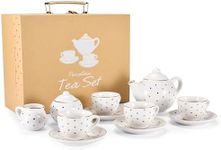 Jewelkeeper Deluxe Porcelain Tea Set for Young Ladies - Exquisite 13-Piece Pastel Tea Party Collection with Gold Polka Accents - Includes Teapot, Cups, Saucers, Creamer, and Sugar Bowl - Ages 6-8