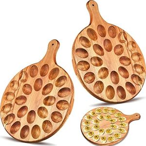 2 Pieces 24 Holes Reversible Wood Deviled Egg Platter Deviled Egg Tray Charcuterie Board Thicken Egg Serving Tray Round Wood Deviled Egg Tray Cutting Board Cheese Serving Platter