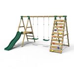 Rebo® Wooden Swing Set with Deck and Slide plus Up and Over Climbing Wall - Jade Green | Children Garden Slide and Swing | OutdoorToys | Kids Garden Furniture | Sturdy Construction