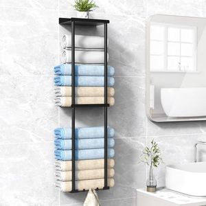 Liuoud Towel Rack For Bathroom, Wall Mounted Bath Towel Holder Storage Organizer For Rolled Towels, Vertical Towel Rack With Shelf Can Holds Up 6 Large Bath Towel, Black