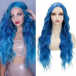 Daiaces Long Blue Wigs for Women Middle Part Wavy Lace Front Wig,Natural Looking Hair Replacement for Daily Party Use Cosplay Costume Halloween