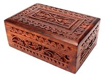 Jk Handicrafts Handmade Wooden Jewellery Box for Women Wood Jewel Organizer Hand Carved with Intricate Carvings Gift Items - 6 inches