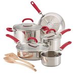 Rachael Ray Create Delicious Stainless Steel Cookware Set, 10-Piece Pots and Pans Set, Stainless Steel with Red Handles