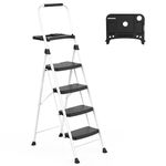 HBTower 4 Step Ladder, Folding Step Stool with Tool Platform, Convenient Handgrip Sturdy Steel Ladder, 330lbs/150 kg Max Load, White