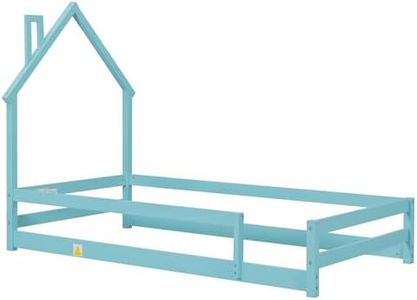 CuisinSmart Blue 1 Pine Wood Floor Bed Frame with House Shaped Headboard Full-Length Guardrails Twin Size for Toddler Kids Girls Boys (202 x 113.8 x 145cm)