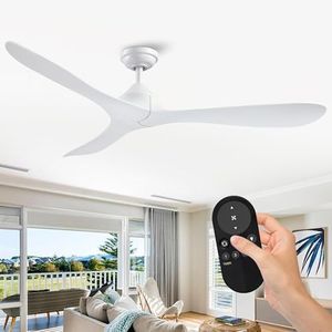 Ceiling Fans without Lights 56 Inch White Ceiling Fan No Light with Remote Control for Bedroom Living Room, Flush Mount Outdoor Ceiling Fans for Patios, Reversible 3 Blades, Ventilador de Techo