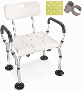 Shower Chair, Big Non-Slip Rubber Tips Bath Chair for Seniors, Shower Chair with Arms and Back, Adjustable to Toilet Seat with Handle, Use as Commode, Adjustable Height Toilet Frame