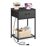 smusei Black Night Stand with Charging Station Bedroom Nightstand with Fabric Drawer Small Bedside Table End Table with USB Ports and Open Storage Shelf for Small Space Bedroom Living Room Guest Room