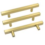 Goldenwarm LS1212GD160 T Bar Square Gold Kitchen Cabinet Door Handle Brushed Brass Cabinet Knobs Drawer Pulls Furniture Hardware - 6-1/4 Inch Hole Centers Bathroom Cabinet Pulls 10 Pack