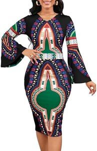 Elegant V Neck Dress for Women Sexy Bell Long Sleeve Casual Bohemian African Traditional Festival Bodycon Midi Dresses with Zipper
